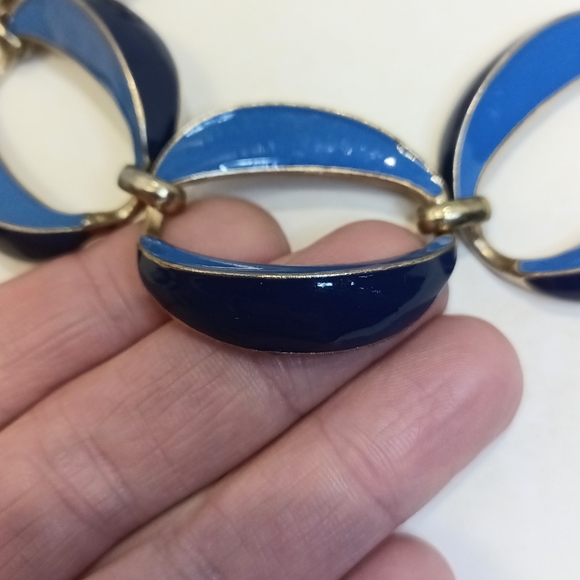 Two-Tone Blue Enamel Necklace Mid-Century Gold Tone Trim Statement Necklace - Picture 2 of 6